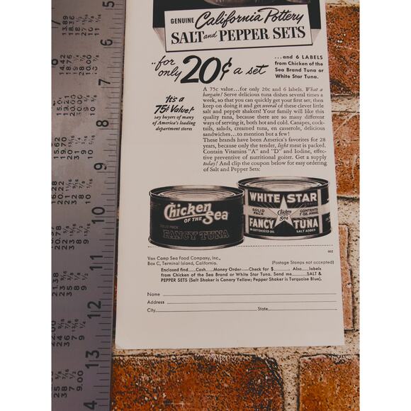 1940 Chicken of Sea Tuna‎ Salt & Pepper Kitchen Collectible Nostalgic Print Ad - Picture 6 of 11